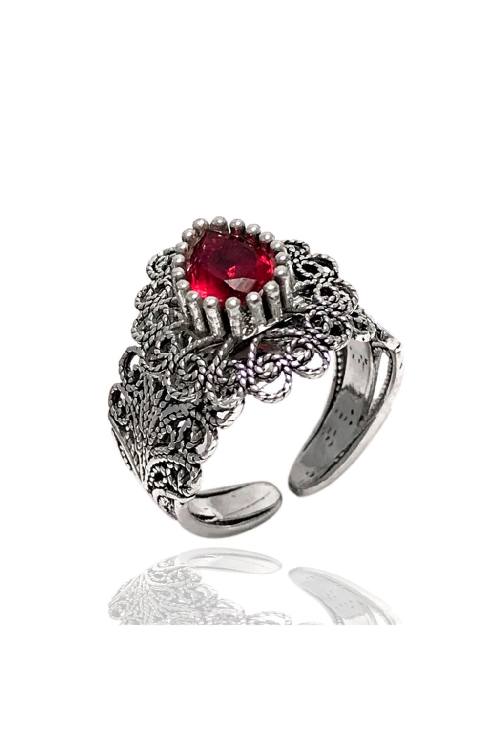 Drop Model Filigree Silver Ring With Ruby (NG201018017)