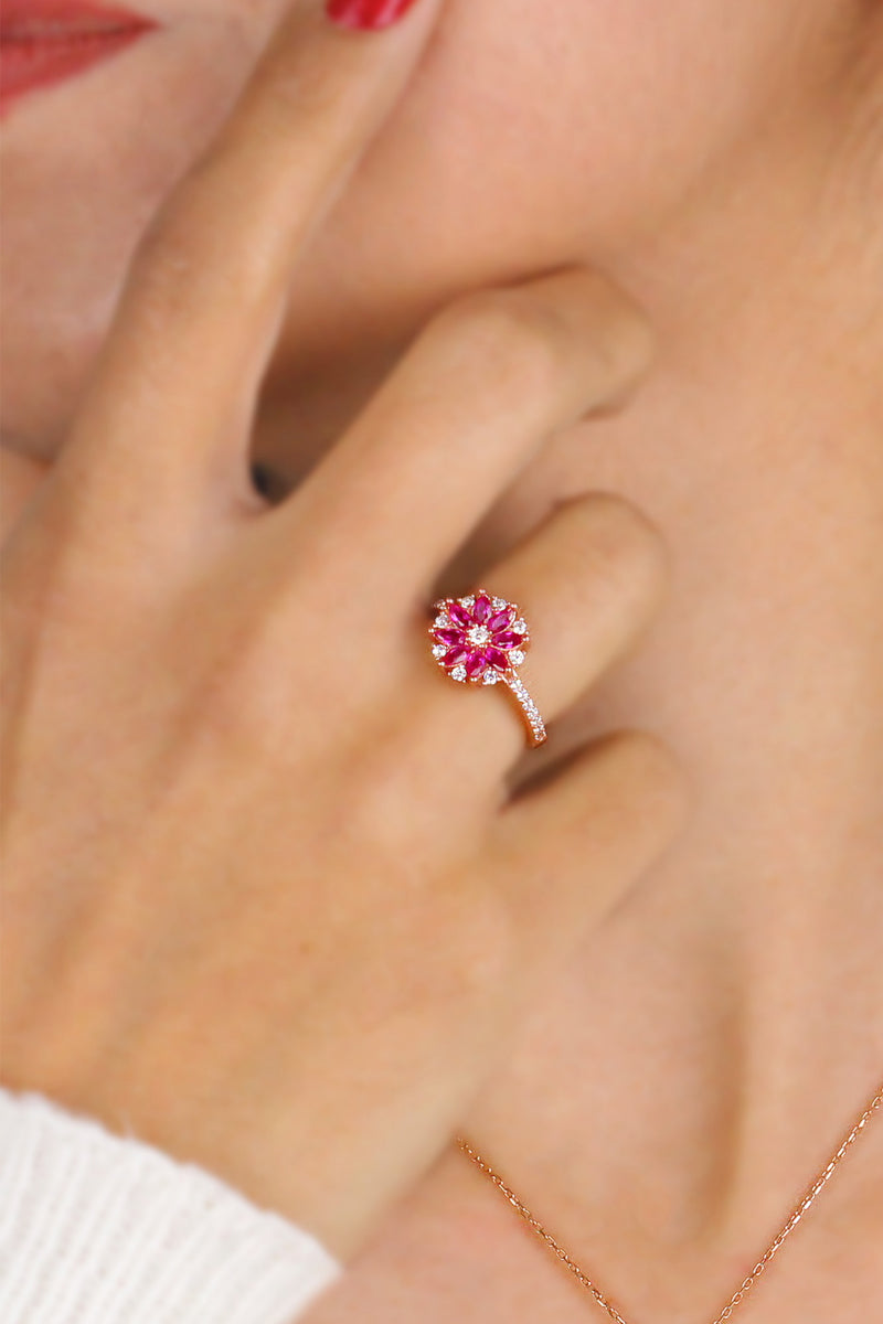 Lotus Model Rose Plated Silver Ring With Ruby (NG201018167)