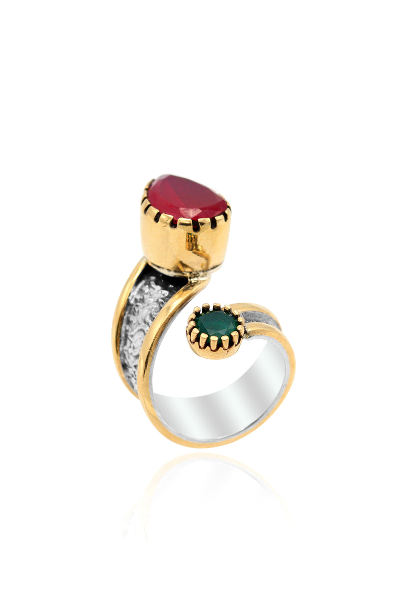 Authentic Adjustable Silver Ring With Ruby and Emerald (NG201019846)
