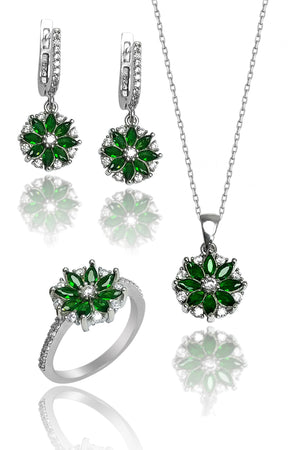 Lotus Flower Model Silver Triple Jewelry Set With Emerald (NG201018163)