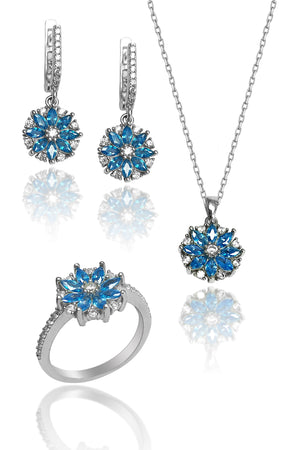 Lotus Flower Model Silver Triple Jewelry Set With Aquamarine (NG201018164)