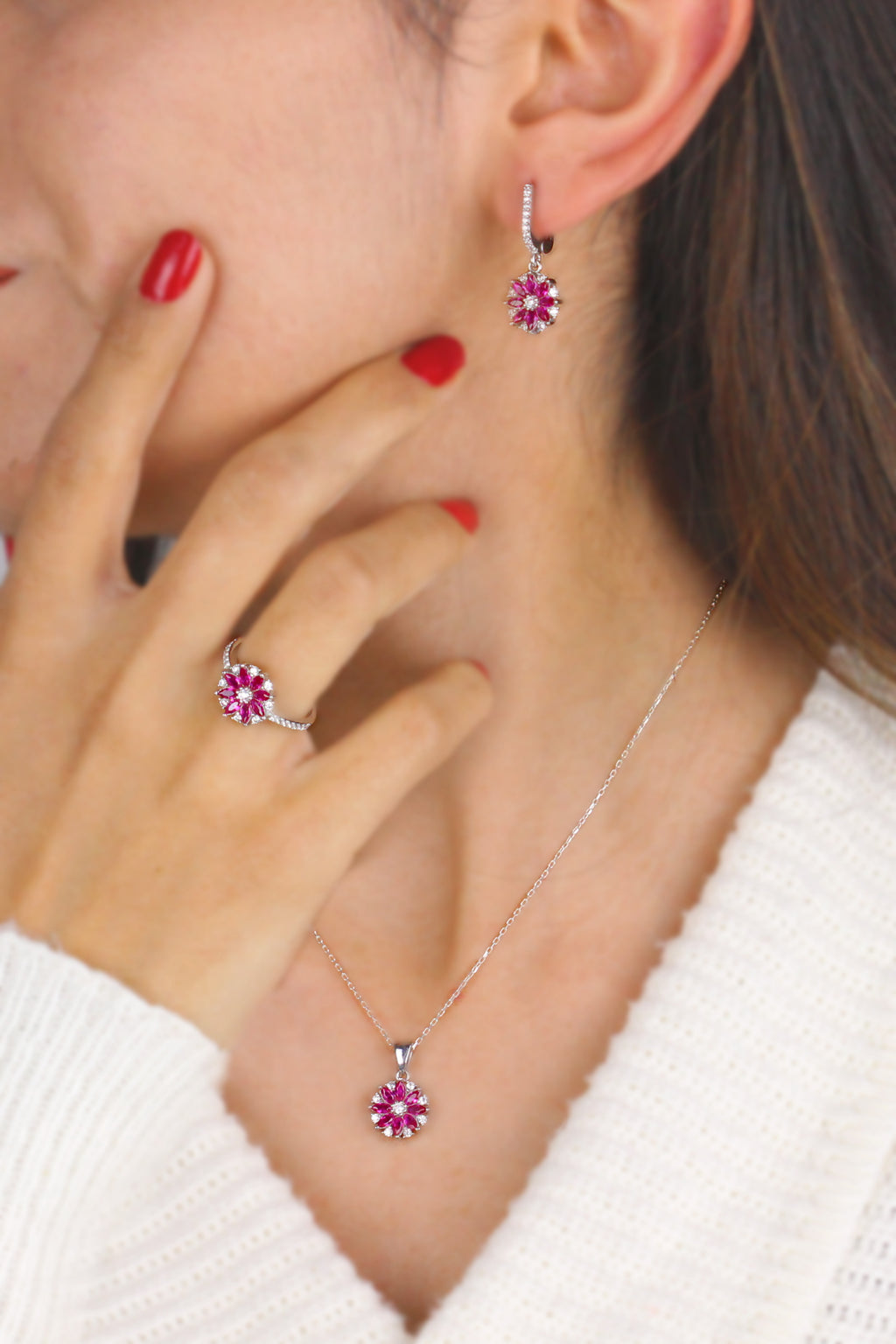 Lotus Flower Model Silver Triple Jewelry Set With Ruby (NG201018165)