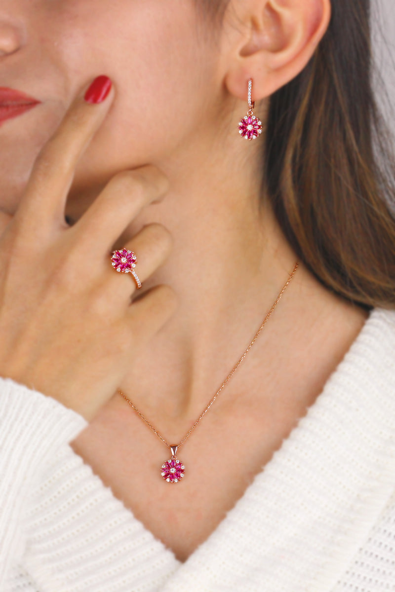 Lotus Flower Model Rose Plated Silver Triple Jewelry Set With Ruby (NG201018181)