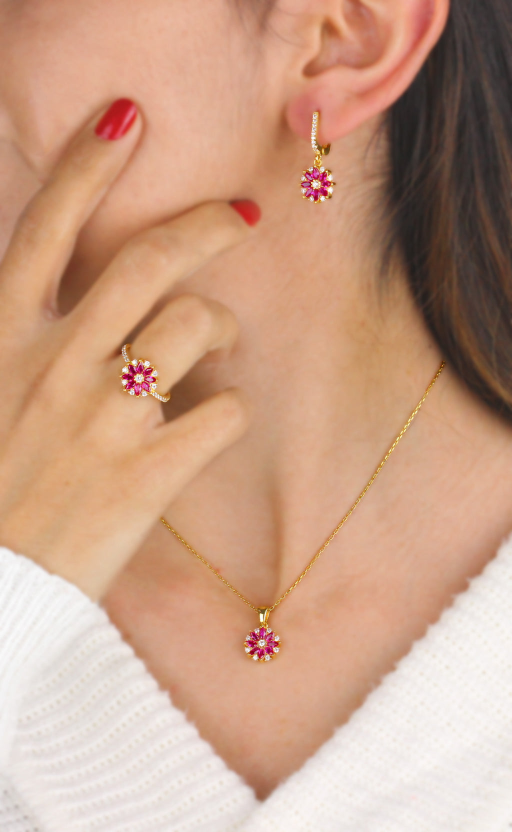 Lotus Flower Model Gold Plated Silver Triple Jewelry Set With Ruby (NG201018185)