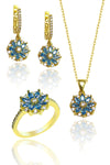 Lotus Flower Model Gold Plated Silver Triple Jewelry Set With Aquamarine (NG201018186)