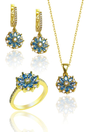 Lotus Flower Model Gold Plated Silver Triple Jewelry Set With Aquamarine (NG201018186)