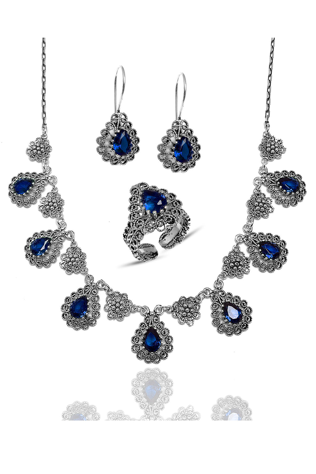 Drop Model Filigree Silver Triple Jewelry Set With Sapphire (NG201021803)