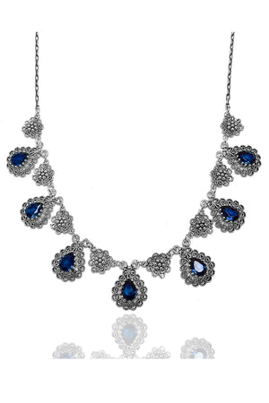 Drop Model Filigree Silver Triple Jewelry Set With Sapphire (NG201021803)