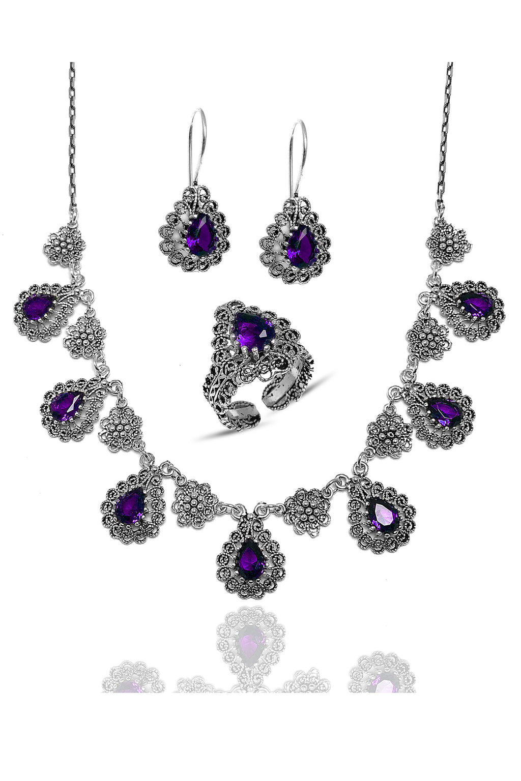 Drop Model Filigree Silver Triple Jewelry Set With Amethyst (NG201021804)