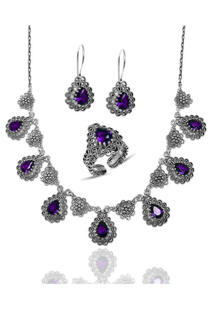 Drop Model Filigree Silver Triple Jewelry Set With Amethyst (NG201021804)
