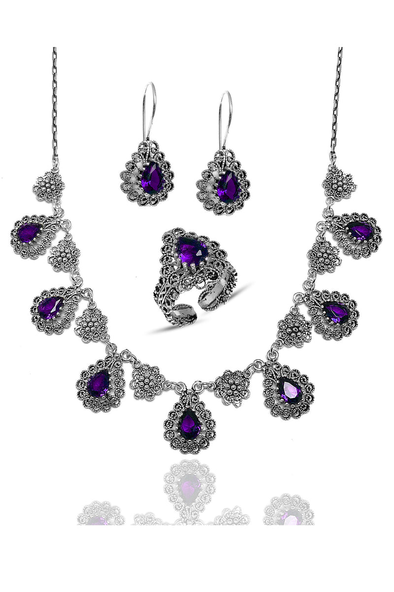 Drop Model Filigree Silver Triple Jewelry Set With Amethyst (NG201021804)