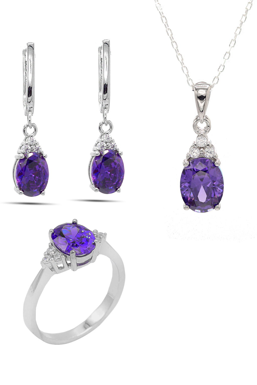 Oval Model Silver Triple Jewelry Set With Amethyst (NG201021905)