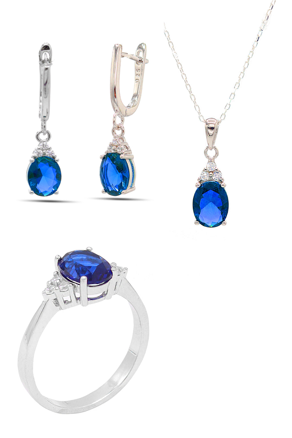 Oval Model Silver Triple Jewelry Set With Sapphire (NG201021906)