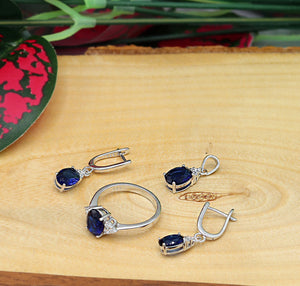 Oval Model Silver Triple Jewelry Set With Sapphire (NG201021906)