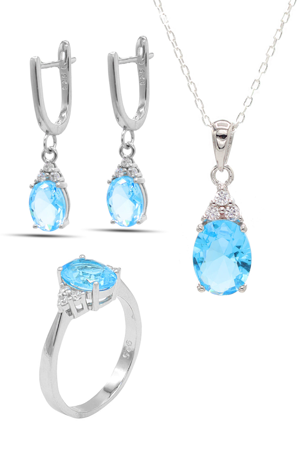 Oval Model Silver Triple Jewelry Set With Aquamarine (NG201021910)
