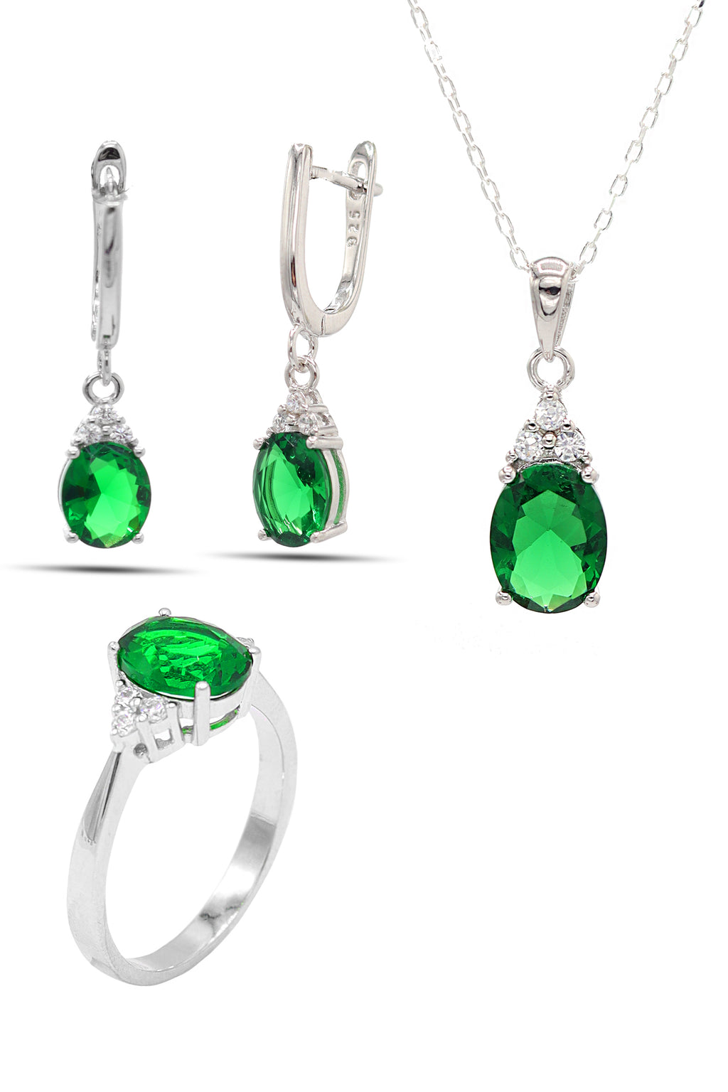 Oval Model Silver Triple Jewelry Set With Emerald (NG201021911)