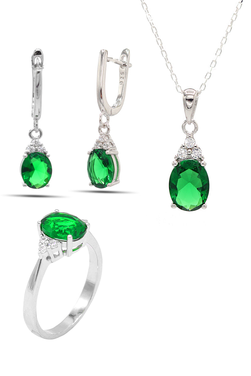 Oval Model Silver Triple Jewelry Set With Emerald (NG201021911)