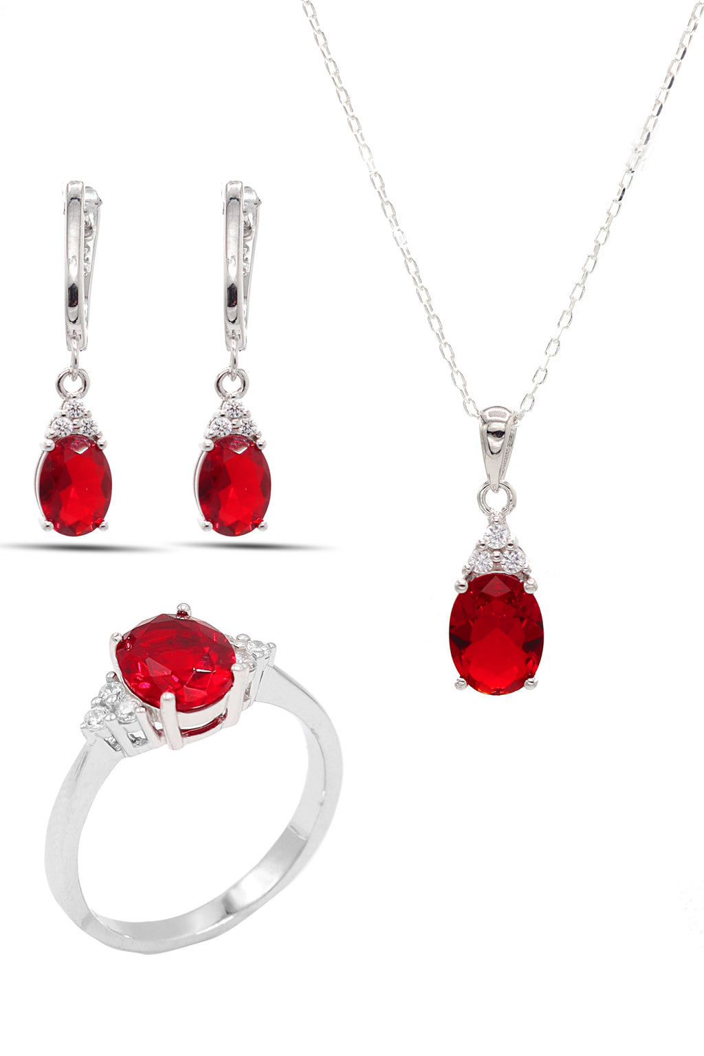 Oval Model Silver Triple Jewelry Set With Ruby (NG201021912)