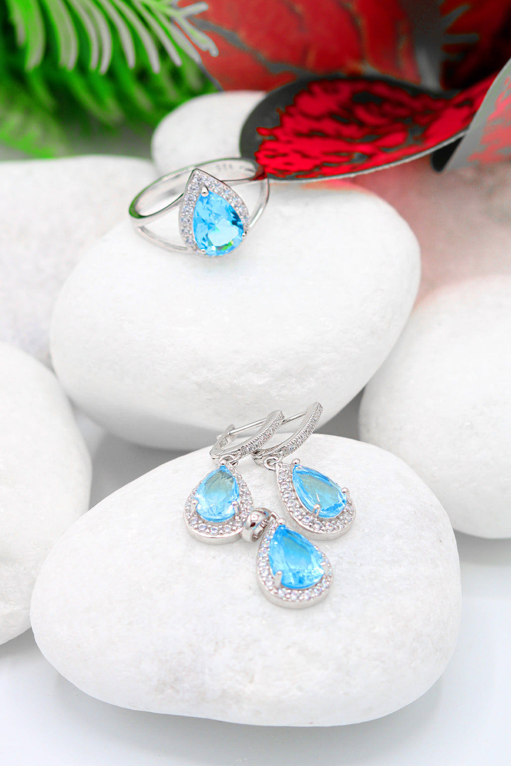 Drop Model Silver Triple Jewelry Set With Aquamarine (NG201021914)