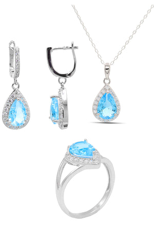 Drop Model Silver Triple Jewelry Set With Aquamarine (NG201021914)