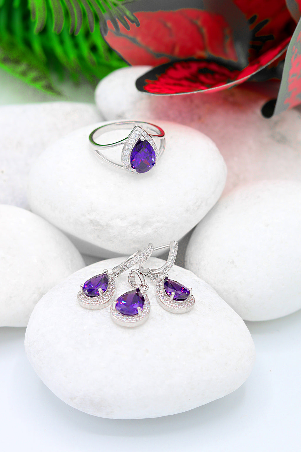 Drop Model Silver Triple Jewelry Set With Amethyst (NG201021917)