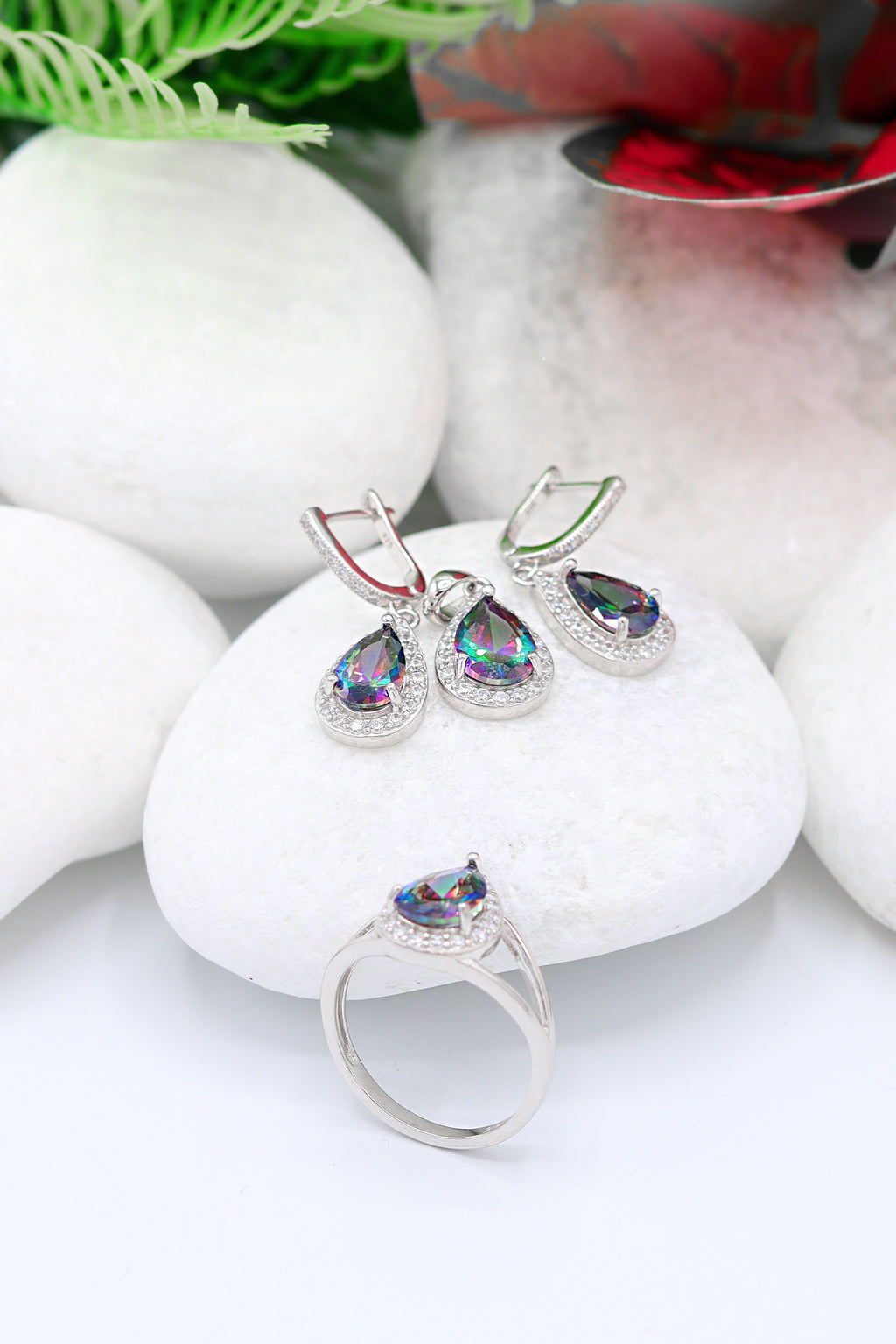 Drop Model Silver Triple Jewelry Set With Topaz (NG201021918)
