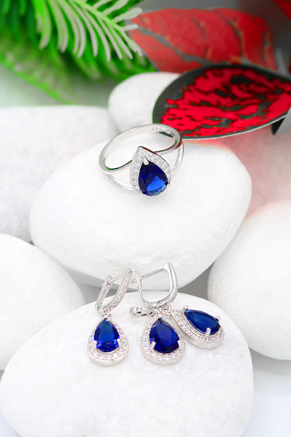 Drop Model Silver Triple Jewelry Set With Sapphire (NG201021919)