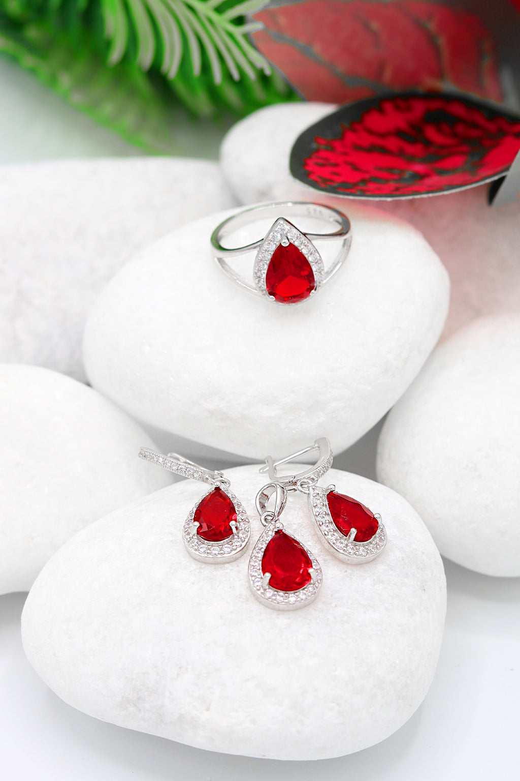 Drop Model Silver Triple Jewelry Set With Ruby (NG201021920)