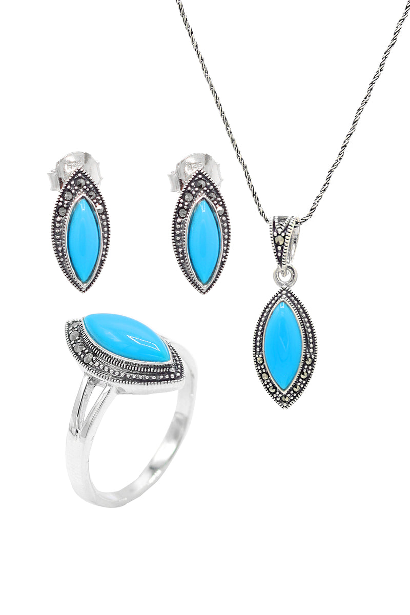 Slanting Model Silver Triple Jewelry Set With Turquoise (NG201021924)