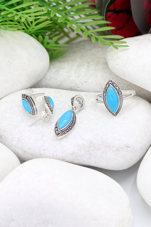 Slanting Model Silver Triple Jewelry Set With Turquoise (NG201021924)