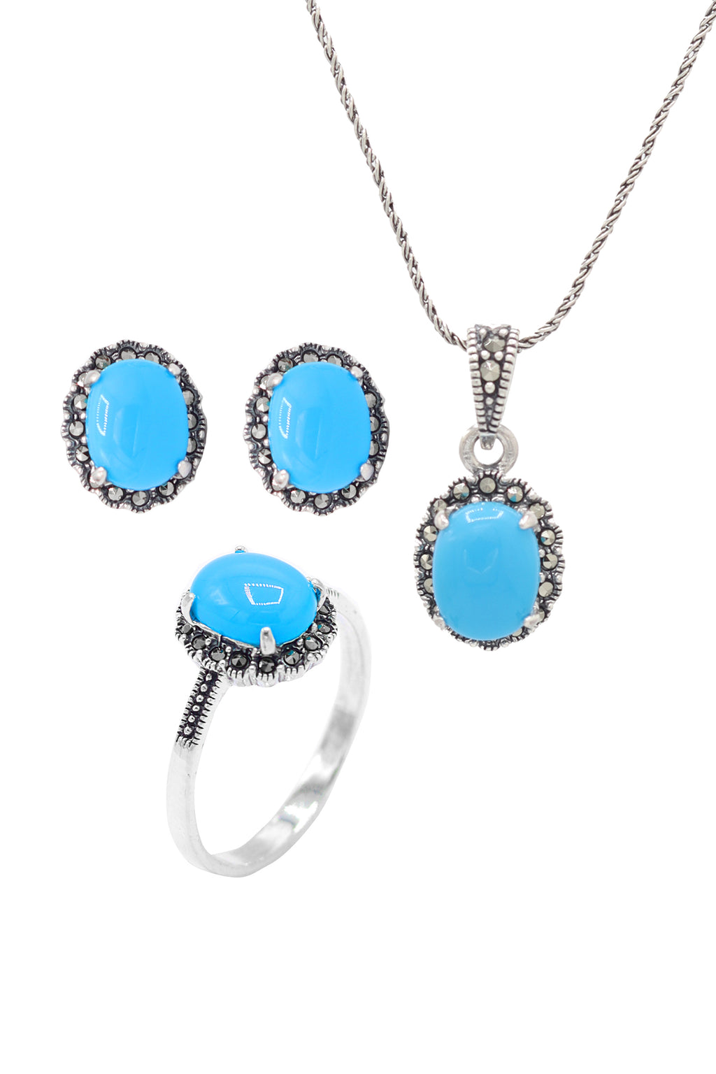 Oval Model Silver Triple Jewelry Set With Turquoise (NG201021925)