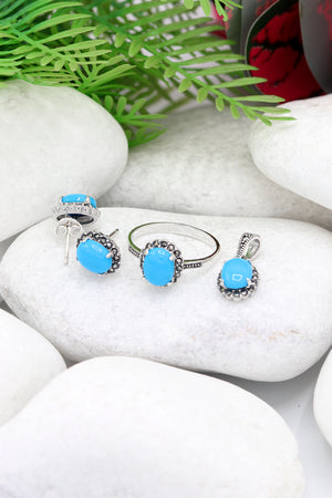 Oval Model Silver Triple Jewelry Set With Turquoise (NG201021925)