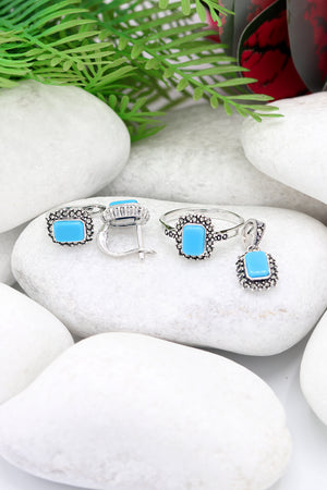 Rectangle Model Silver Triple Jewelry Set With Turquoise (NG201021926)