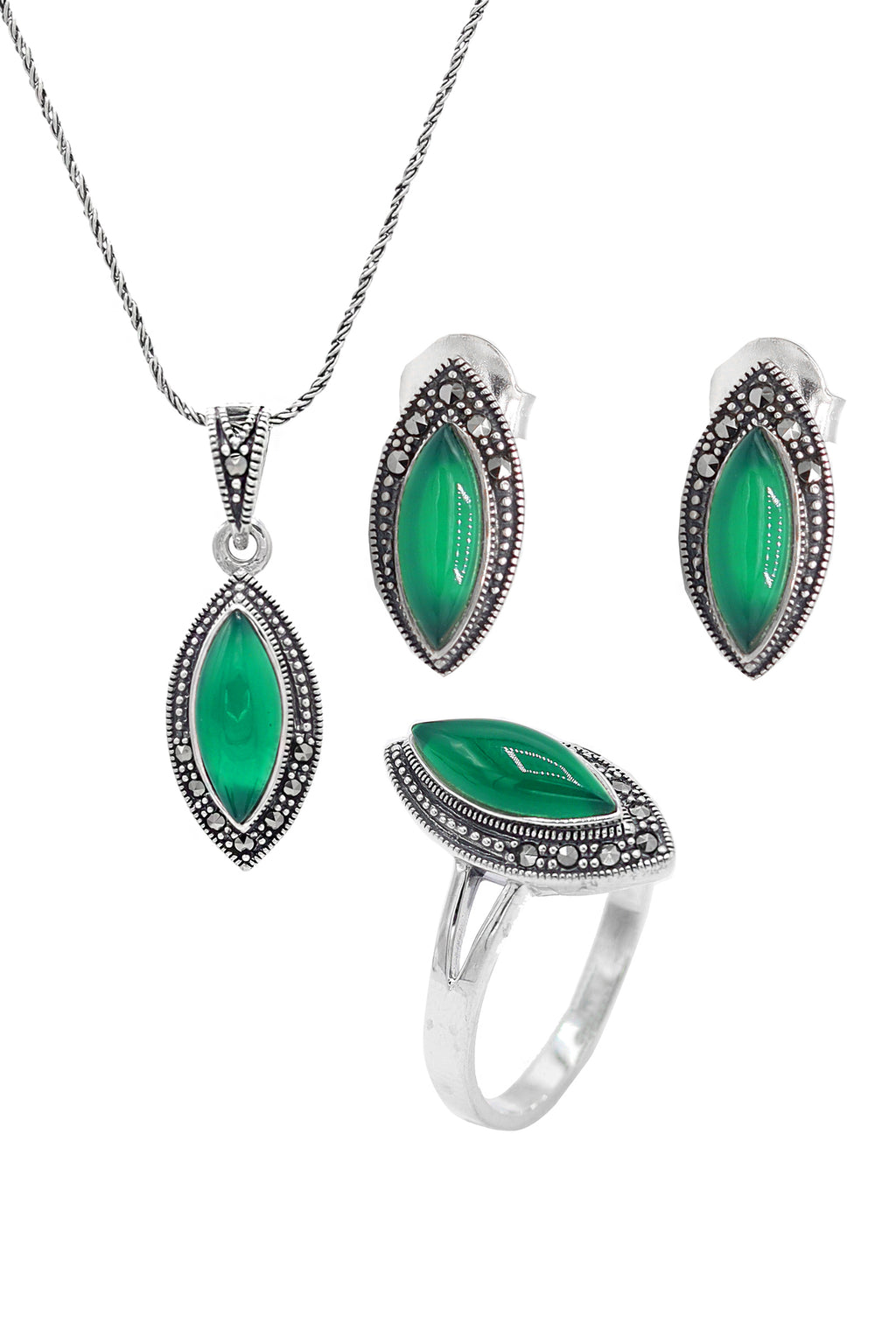 Slanting Model Silver Triple Jewelry Set With Emerald (NG201021928)