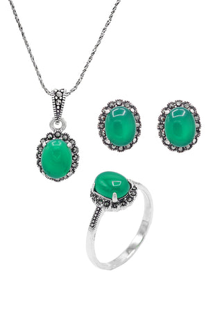 Oval Model Silver Triple Jewelry Set With Emerald (NG201021929)