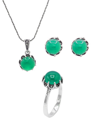 Round Model Silver Triple Jewelry Set With Emerald (NG201021932)