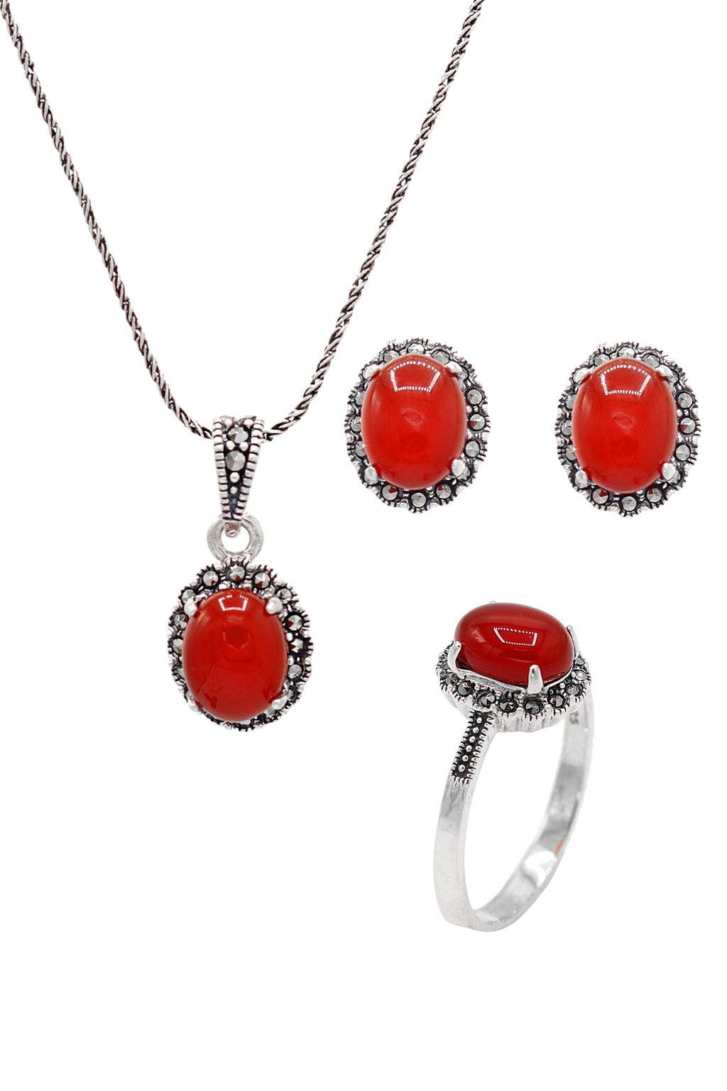Oval Model Silver Triple Jewelry Set With Agate (NG201021935)