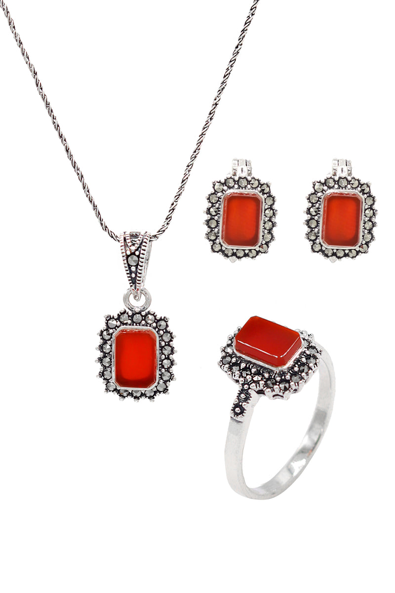 Rectangle Model Silver Triple Jewelry Set With Agate (NG201021936)