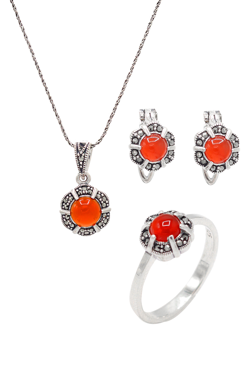 Floral Model Silver Triple Jewelry Set With Agate (NG201021939)