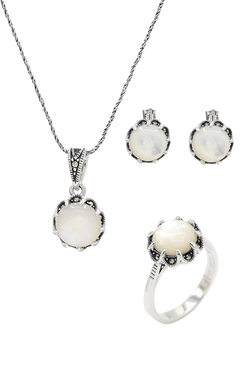 Round Model Silver Triple Jewelry Set With Mother of Pearl (NG201021943)