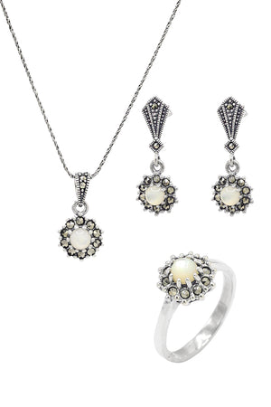 Floral Model Silver Triple Jewelry Set With Mother of Pearl (NG201021945)