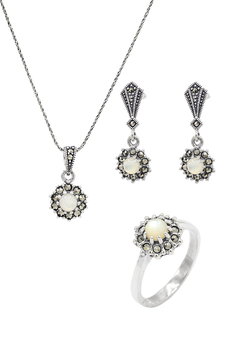 Floral Model Silver Triple Jewelry Set With Mother of Pearl (NG201021945)