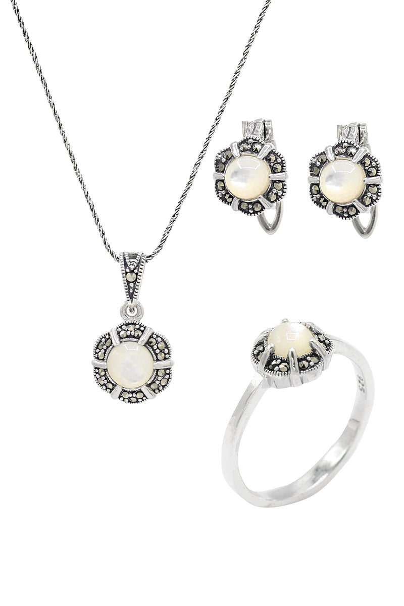 Floral Model Silver Triple Jewelry Set With Mother of Pearl (NG201021946)