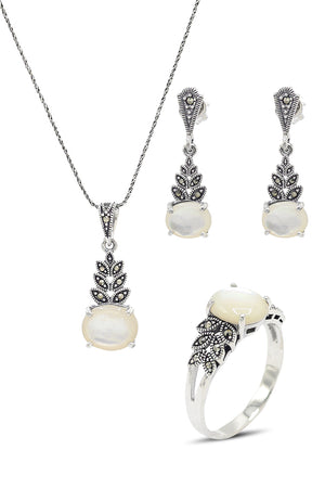 Leaf Model Silver Triple Jewelry Set With Mother of Pearl (NG201021947)