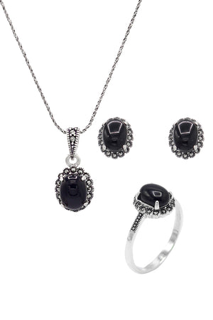 Oval Model Silver Triple Jewelry Set With Onyx (NG201021950)