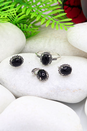Oval Model Silver Triple Jewelry Set With Onyx (NG201021950)