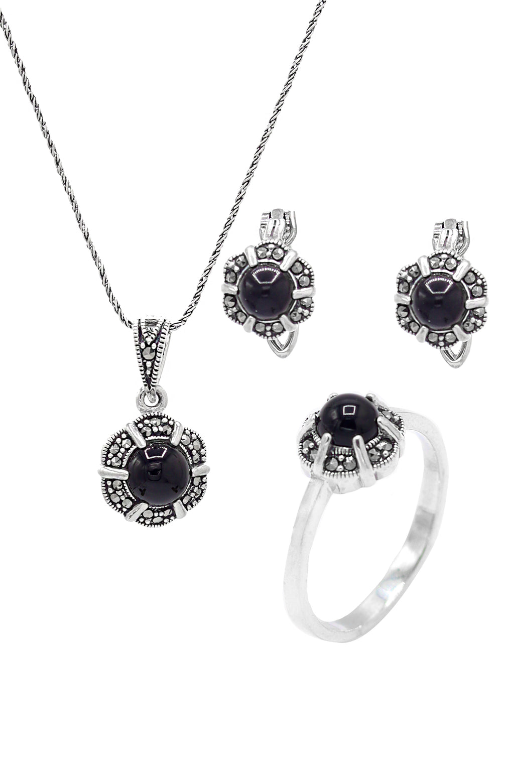 Floral Model Silver Triple Jewelry Set With Onyx (NG201021951)