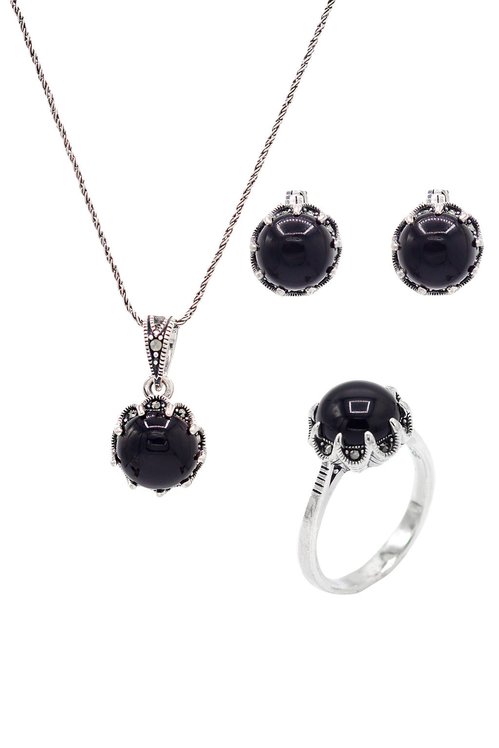 Round Model Silver Triple Jewelry Set With Onyx (NG201021952)