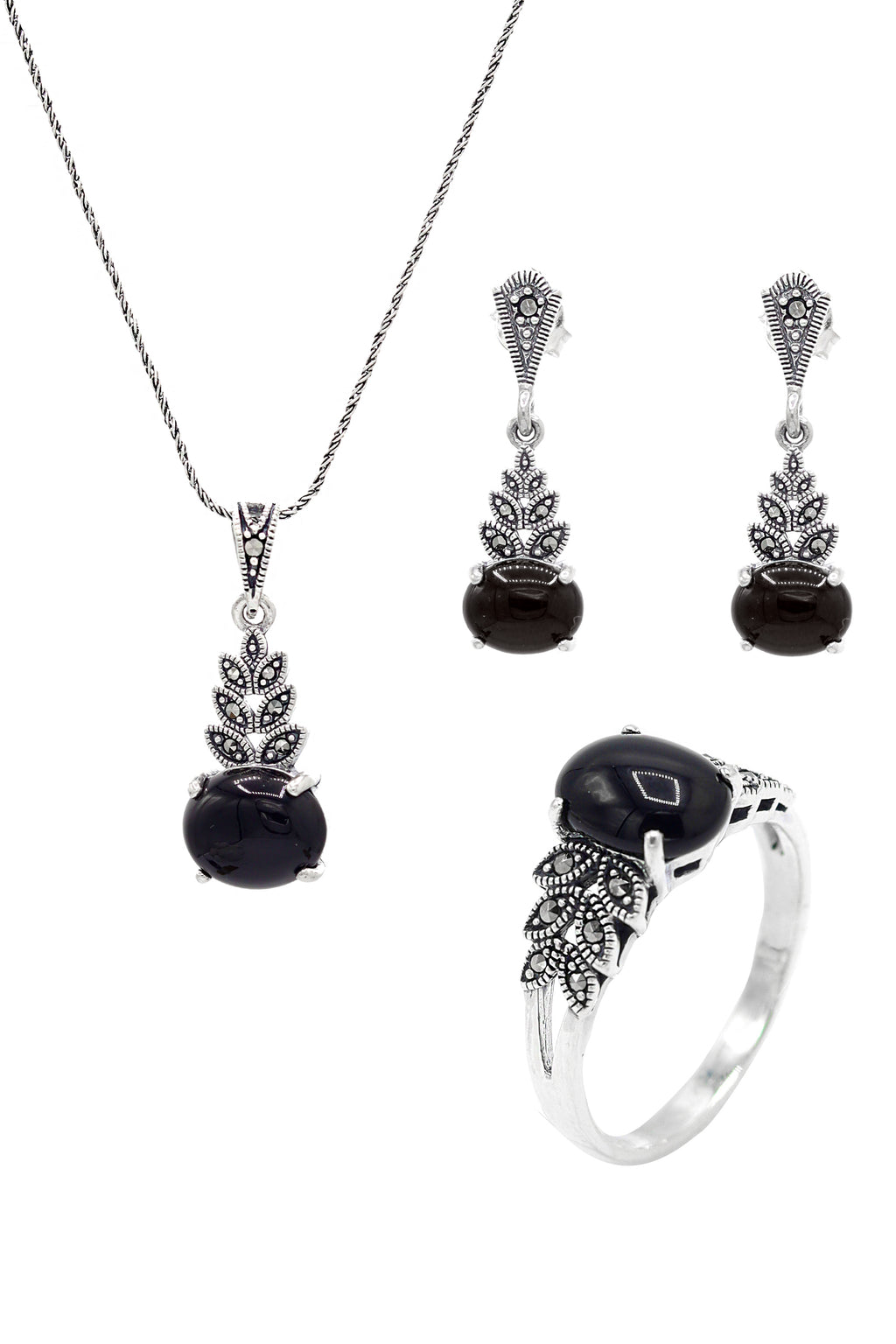 Leaf Model Silver Triple Jewelry Set With Onyx (NG201021953)