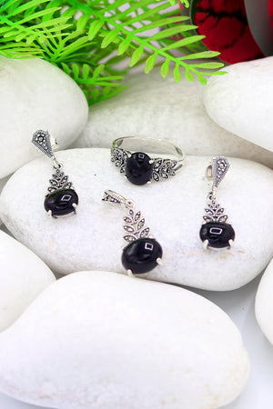 Leaf Model Silver Triple Jewelry Set With Onyx (NG201021953)